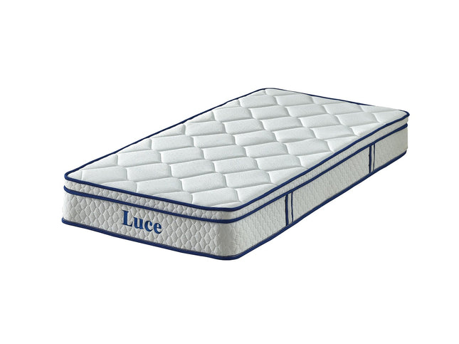 Single Luce mattress with white knitted fabric and blue trim isolated on a white background.