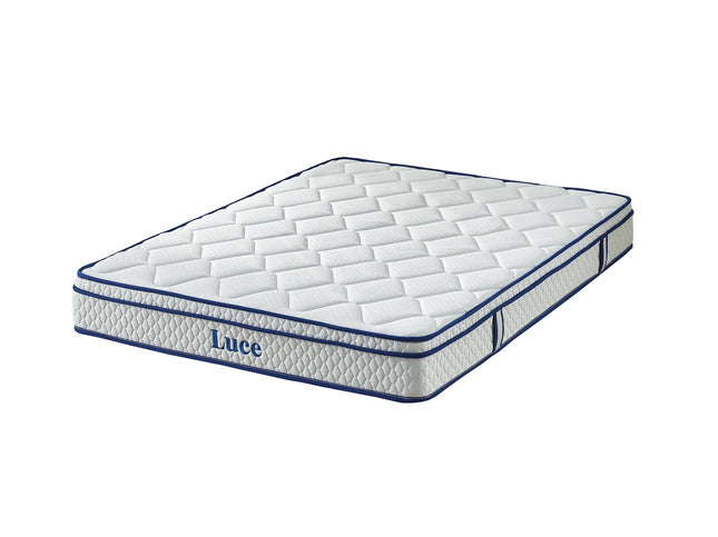 Double Luce mattress with white knitted fabric and blue trim isolated on a white background.