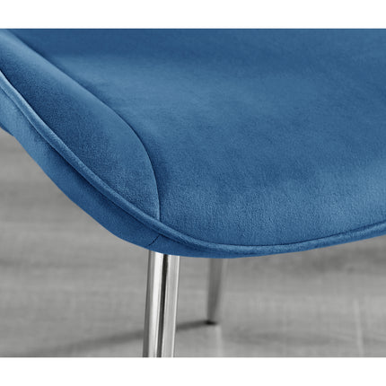 Jumbo Chrome Pod - High Gloss White Dining Table & 4 Maya Blue Velvet Chrome Leg Luxury Dining Chair