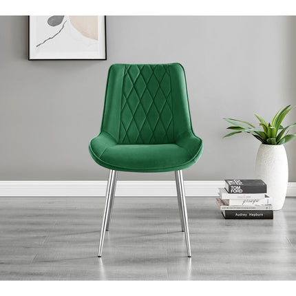 Jumbo Chrome Pod - High Gloss White Dining Table & 4 Maya Green Velvet Chrome Leg Luxury Dining Chair