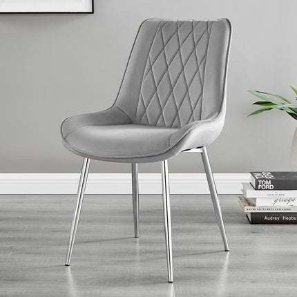 Jumbo Chrome Pod - High Gloss White Dining Table & 4 Maya Grey Velvet Chrome Leg Luxury Dining Chair