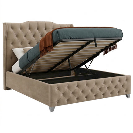 A tufted ottoman storage divan bed in beige fabric, shown with the mattress lifted open to reveal the storage compartment underneath. The bed features a high button-tufted headboard and footboard, with a teal mattress and a brown throw blanket visible.