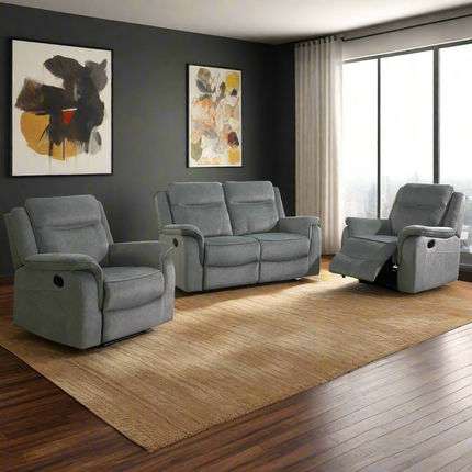 Grey reclining sofa set on a white background