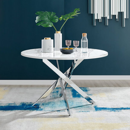 Palma - White Marble High Gloss Effect Chrome Leg Table & 4 Studio Black Dining Chair