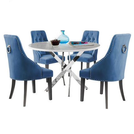 Palma - Glacier High Gloss Effect Chrome Leg Table & 4 Hilton Navy Blue Velvet Upholstered Buttoned Dining Chair