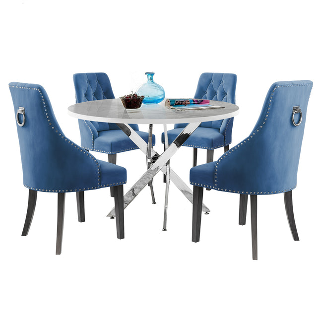 Palma - Glacier High Gloss Effect Chrome Leg Table & 4 Hilton Navy Blue Velvet Upholstered Buttoned Dining Chair