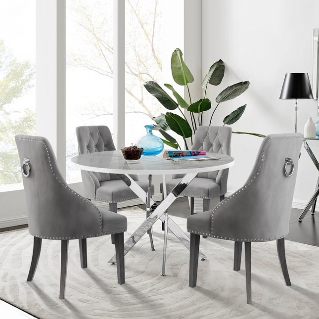 Palma - Glacier High Gloss Effect Chrome Leg Table & 4 Hilton Grey Velvet Upholstered Buttoned Dining Chair