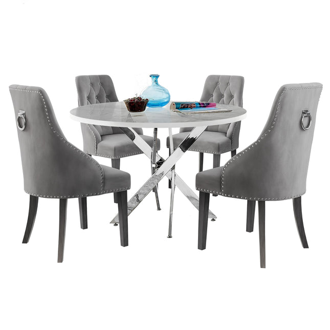 Palma - Glacier High Gloss Effect Chrome Leg Table & 4 Hilton Grey Velvet Upholstered Buttoned Dining Chair