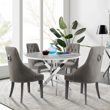 Palma - Glacier High Gloss Effect Chrome Leg Table & 4 Hilton Mink Velvet Upholstered Buttoned Dining Chair