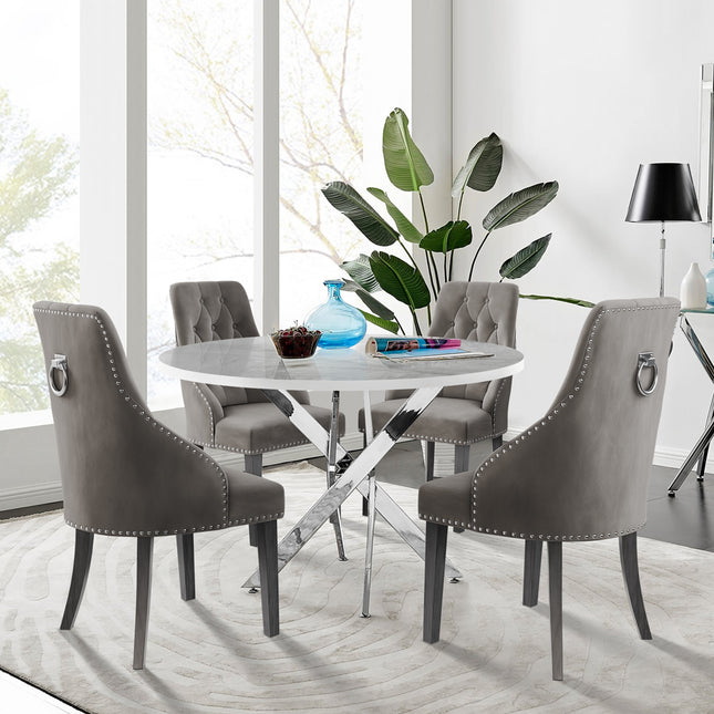 Palma - Glacier High Gloss Effect Chrome Leg Table & 4 Hilton Mink Velvet Upholstered Buttoned Dining Chair