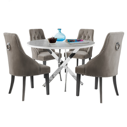 Palma - Glacier High Gloss Effect Chrome Leg Table & 4 Hilton Mink Velvet Upholstered Buttoned Dining Chair