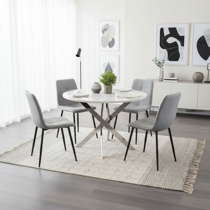Palma - White Marble High Gloss Effect Chrome Leg Table & 4 Helsinki Grey Chairs