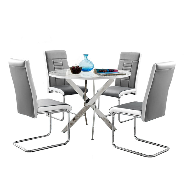 Palma - White Marble High Gloss Effect Chrome Leg Table & 4 Finbar Grey Chairs