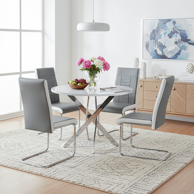 Palma - White Marble High Gloss Effect Chrome Leg Table & 4 Finbar Grey Chairs