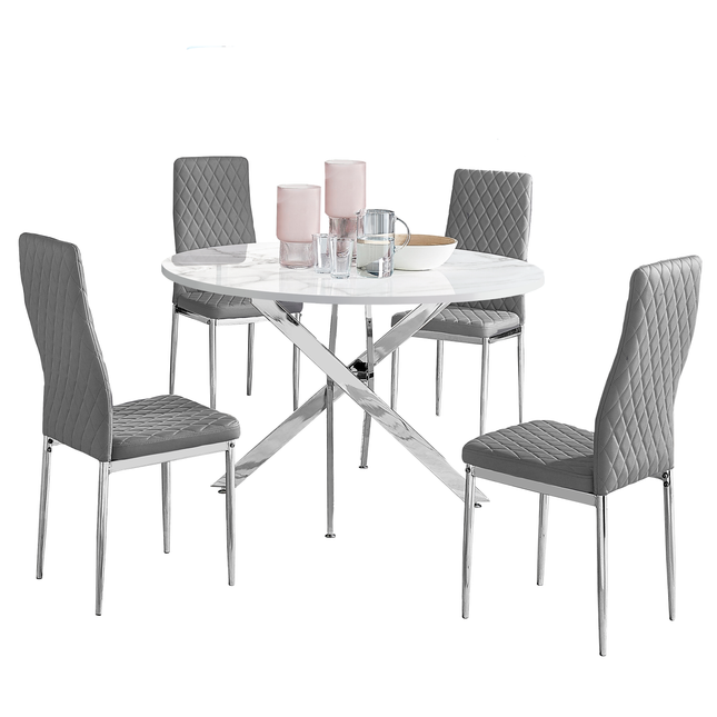 Palma - White Marble High Gloss Effect Chrome Leg Table & 4 Studio Grey Dining Chair