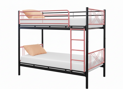 Bunk bed with pink metal frame and white mattresses on a white background