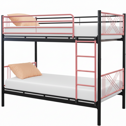Bunk bed with pink metal frame and white mattresses on a white background