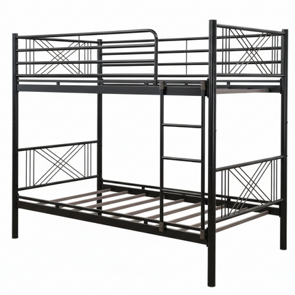 Black metal bunk bed on a white background