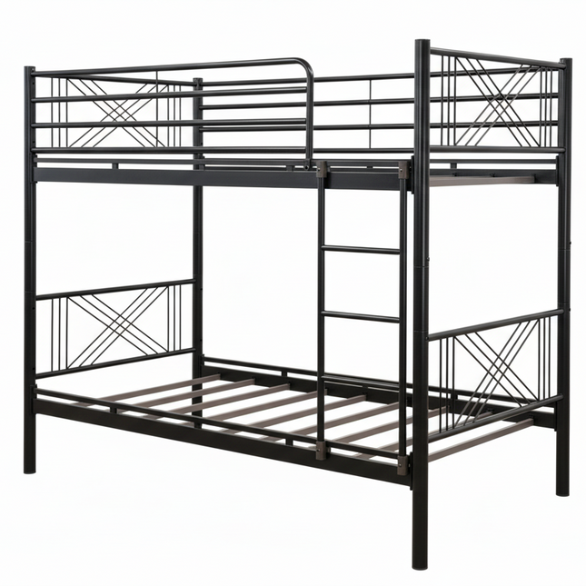 Black metal bunk bed on a white background