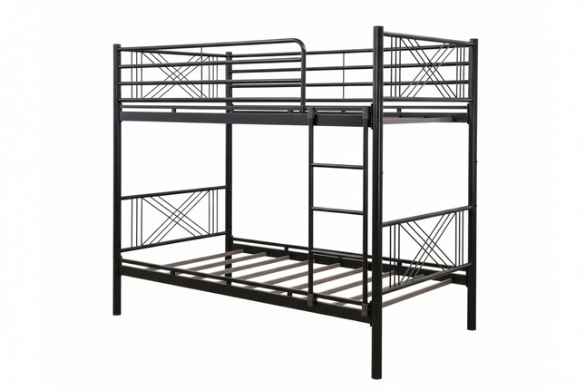 Black metal bunk bed on a white background