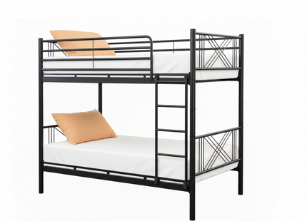 Black metal bunk bed with white mattress and brown pillows on a white background