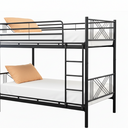 Black metal bunk bed with white mattress and brown pillows on a white background