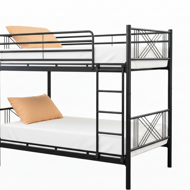 Black metal bunk bed with white mattress and brown pillows on a white background