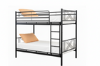 Black metal bunk bed with white mattress and brown pillows on a white background