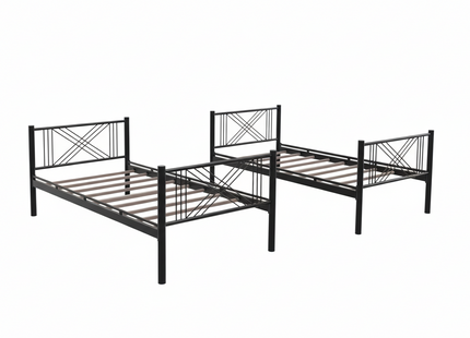 Two black metal beds with X-shaped design on a white background
