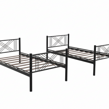 Two black metal beds with X-shaped design on a white background