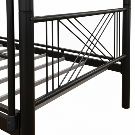 Metal bed frame with white finish on a white background