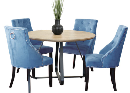 Santorini - Modern Brown Wood Effect Round Dining Table & 4 Hilton Blue Dining Chairs