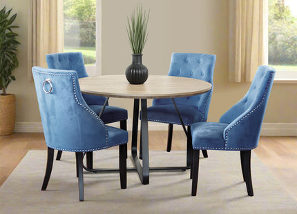 Santorini - Modern Brown Wood Effect Round Dining Table & 4 Hilton Blue Dining Chairs