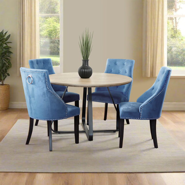 Santorini - Modern Brown Wood Effect Round Dining Table & 4 Hilton Blue Dining Chairs