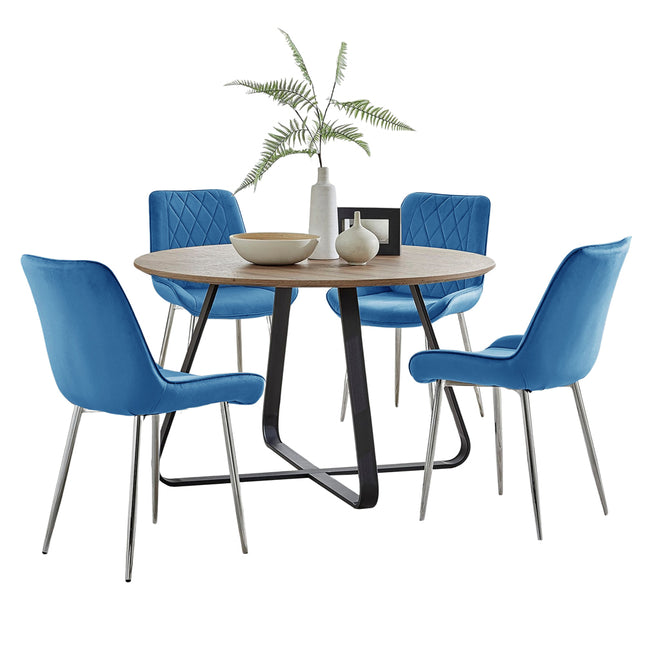 Santorini - Modern Brown Wood Effect Round Dining Table & 4 Maya Blue Velvet Dining Chairs