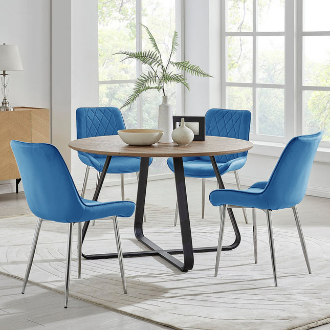 Santorini - Modern Brown Wood Effect Round Dining Table & 4 Maya Blue Velvet Dining Chairs