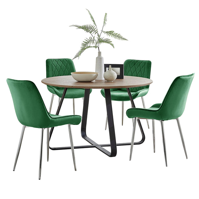 Santorini - Modern Brown Wood Effect Round Dining Table & 4 Maya Green Velvet Dining Chairs