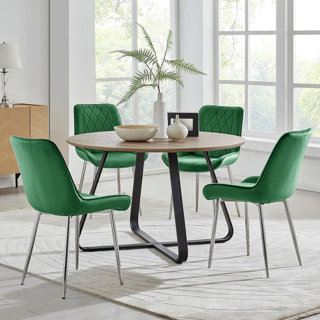 Santorini - Modern Brown Wood Effect Round Dining Table & 4 Maya Green Velvet Dining Chairs