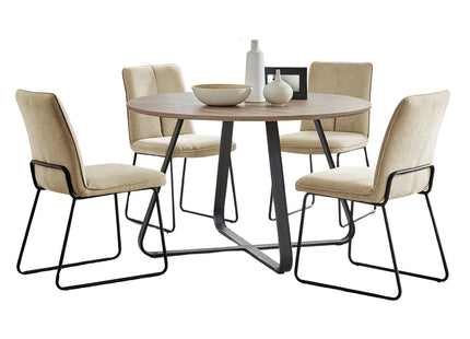 Santorini - Modern Brown Wood Effect Round Dining Table & Halle Beige Fabric Dining Chairs