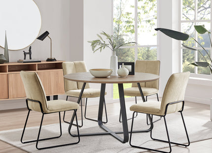 Santorini - Modern Brown Wood Effect Round Dining Table & Halle Beige Fabric Dining Chairs