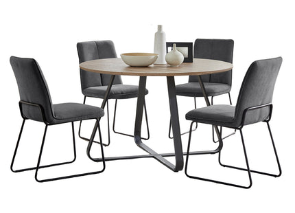 Santorini - Modern Brown Wood Effect Round Dining Table & Halle Grey Fabric Dining Chairs