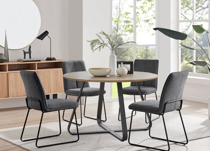 Santorini - Modern Brown Wood Effect Round Dining Table & Halle Grey Fabric Dining Chairs