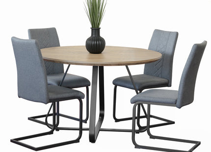 Santorini - Modern Brown Wood Effect Round Dining Table & 4 Hugo Grey Dining Chairs