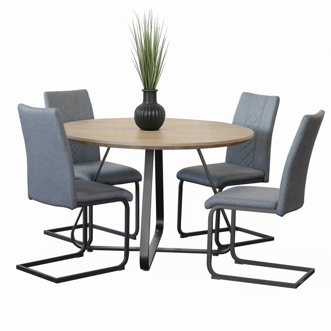 Santorini - Modern Brown Wood Effect Round Dining Table & 4 Hugo Grey Dining Chairs