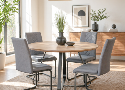 Santorini - Modern Brown Wood Effect Round Dining Table & 4 Hugo Grey Dining Chairs