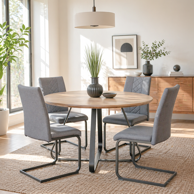 Santorini - Modern Brown Wood Effect Round Dining Table & 4 Hugo Grey Dining Chairs