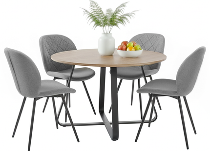 Santorini - Modern Brown Wood Effect Round Dining Table & Astrid Grey Tweed Dining Chairs