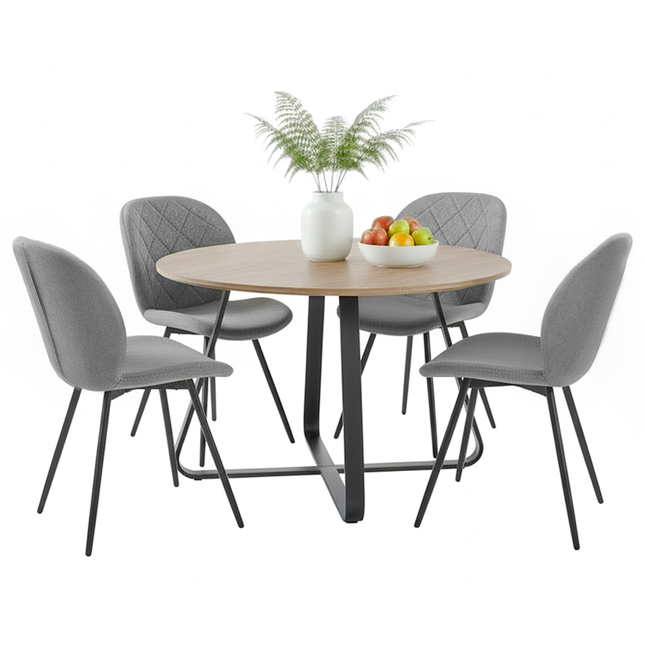 Santorini - Modern Brown Wood Effect Round Dining Table & Astrid Grey Tweed Dining Chairs