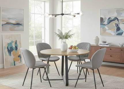 Santorini - Modern Brown Wood Effect Round Dining Table & Astrid Grey Tweed Dining Chairs