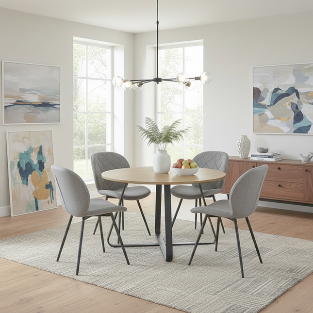 Santorini - Modern Brown Wood Effect Round Dining Table & Astrid Grey Tweed Dining Chairs